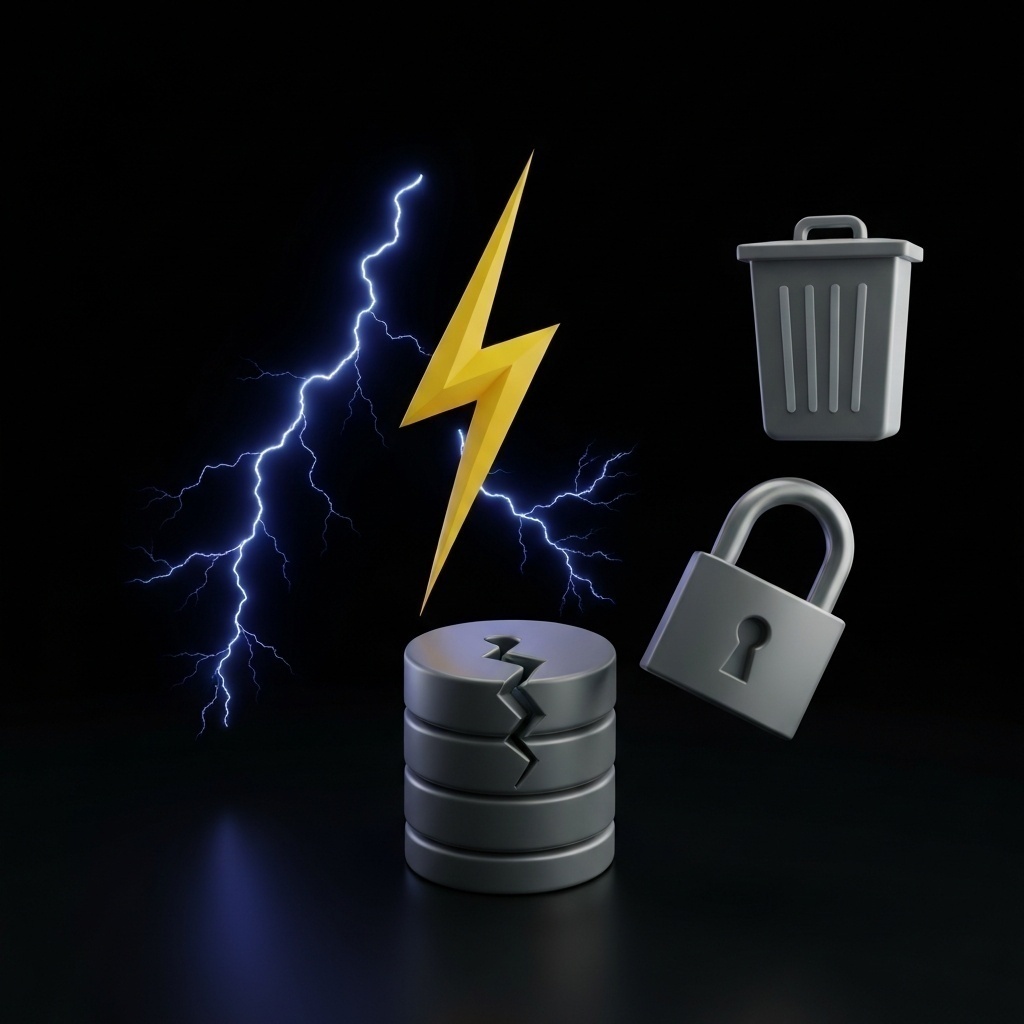 Composition 3D abstraite montrant différents dangers pour les données : éclair (surtension), cadenas cassé (piratage), corbeille (erreur humaine).