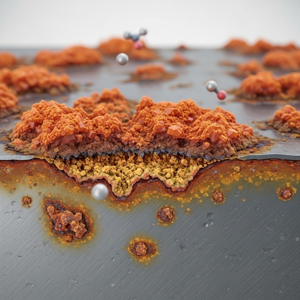 Illustration schématique ou microscopique montrant l’oxydation (rouille) attaquant une surface métallique au niveau moléculaire.