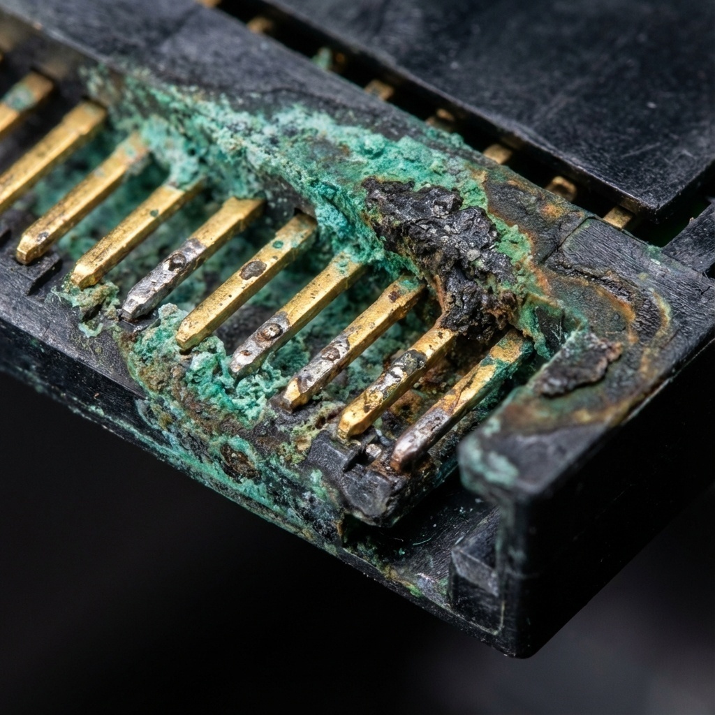Vue rapprochée de connecteurs de disque dur (SATA/Power) présentant des traces vertes d’oxydation (vert-de-gris) et de corrosion.