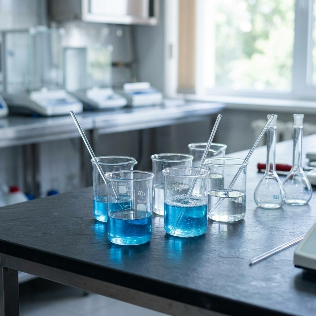 Béchers et flacons de laboratoire contenant des liquides colorés, utilisés pour le nettoyage chimique de précision.