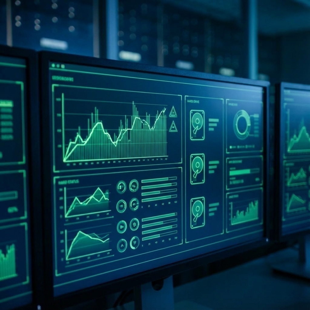 Écrans de contrôle affichant des graphiques de surveillance (monitoring) en temps réel de l’état des disques durs et serveurs (SMART, température).