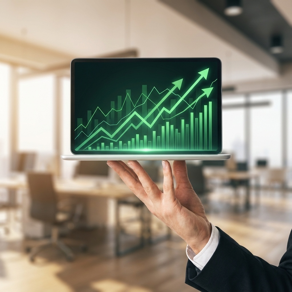 Main professionnelle tenant une tablette affichant des indicateurs de performance verts (uptime, fiabilité) dans un environnement de bureau.