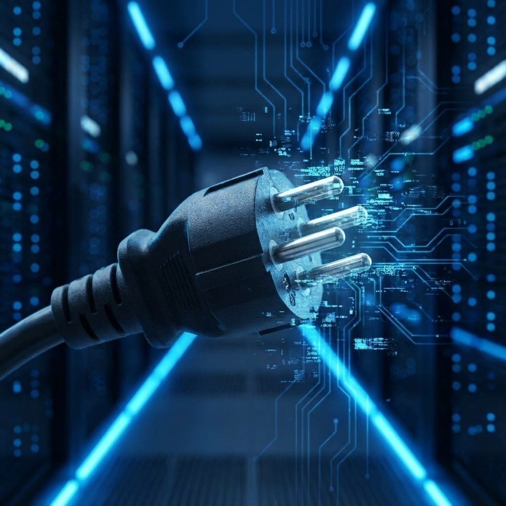 Illustration d’une prise électrique ou d’un câble déconnecté brutalement avec un effet de glitch numérique, représentant l’interruption de flux de données.