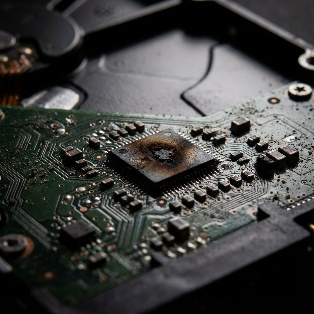 Macro sur un circuit imprimé (PCB) de disque dur avec des traces de brûlure sur une puce électronique, éclairage dramatique.