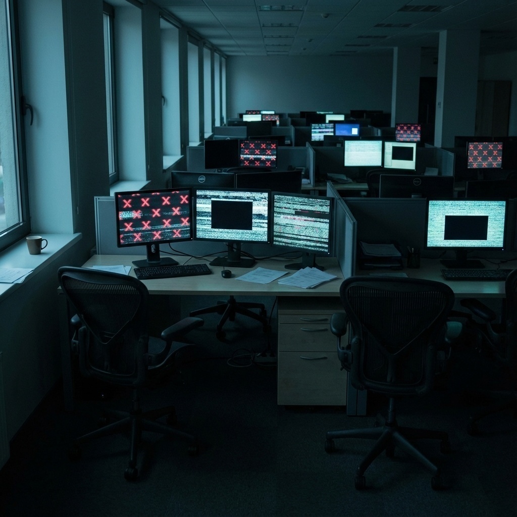 Bureau vide avec des écrans d’ordinateur noirs ou affichant des erreurs critiques, ambiance sombre évoquant l’arrêt d’activité.