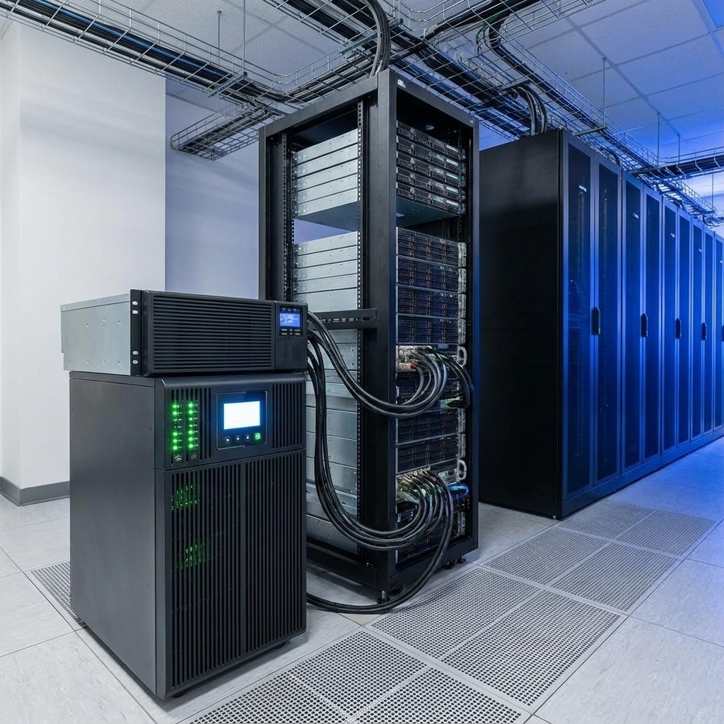 Un onduleur (UPS) moderne connecté à un serveur, avec des voyants verts actifs, symbolisant la protection et la sécurité électrique.