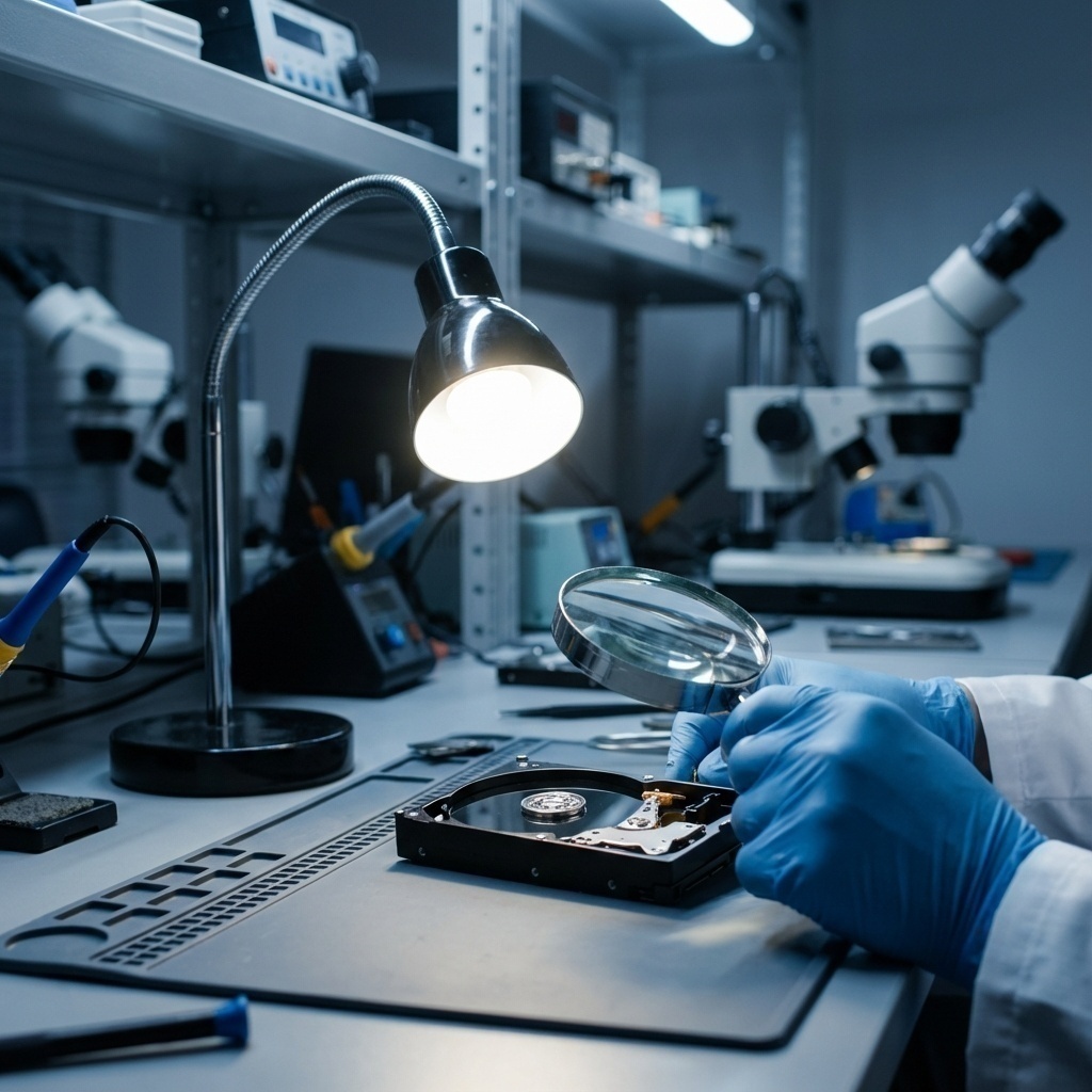Technicien examinant minutieusement un disque dur à l’aide d’une loupe et d’un éclairage précis pour détecter des dommages externes.