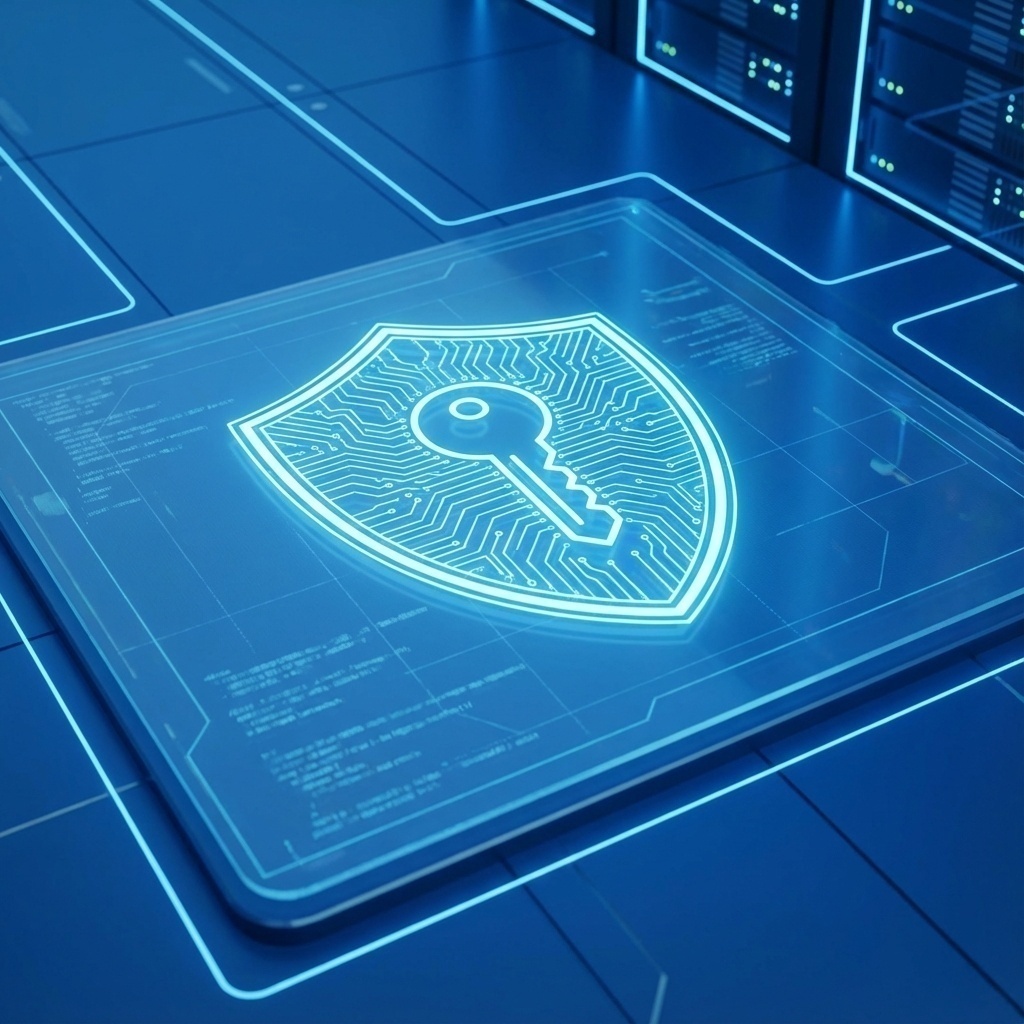 Symbole de bouclier numérique ou de clé de sécurité sur un fond bleu technologique, évoquant la protection et l’expertise professionnelle.