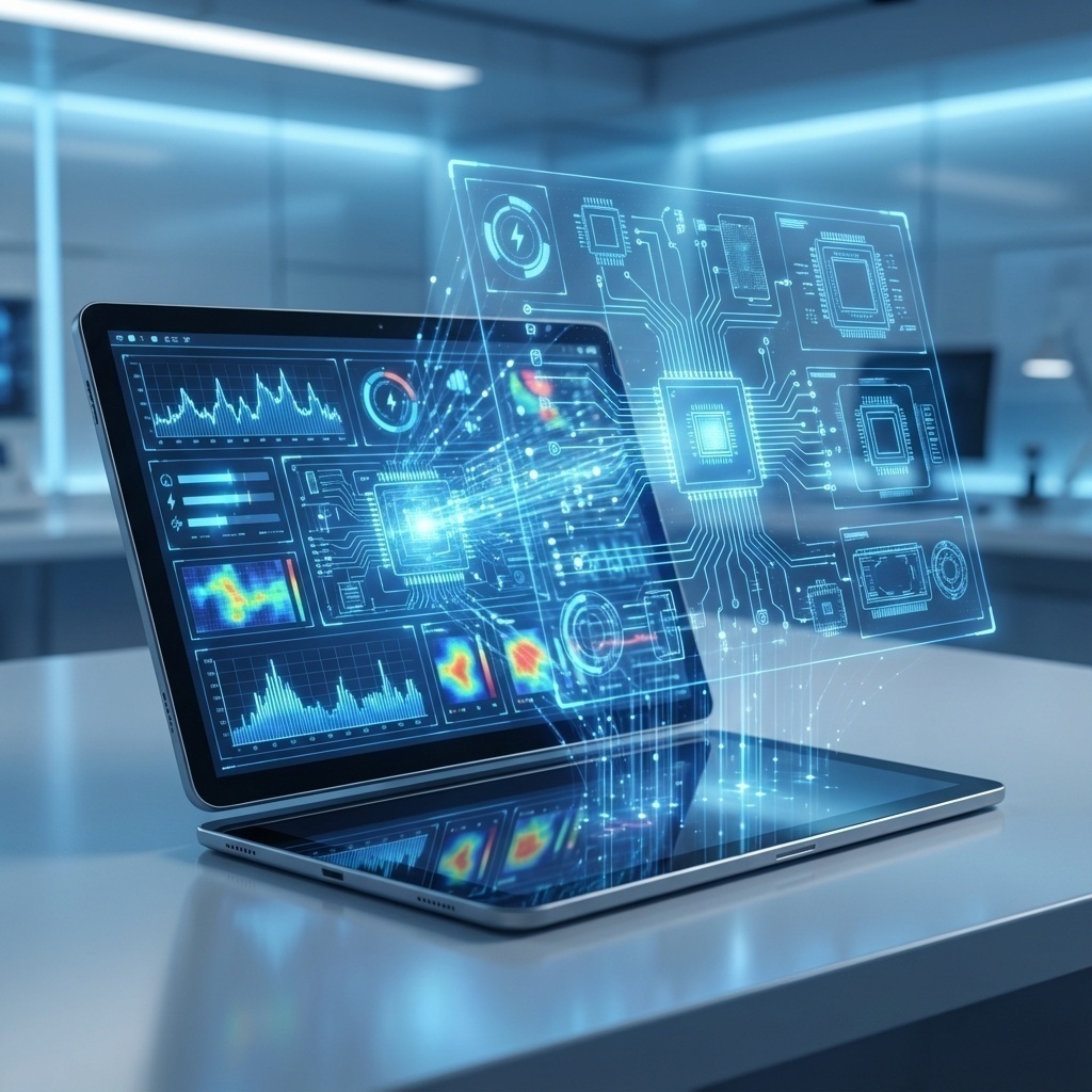Interface d’analyse de données montrant un diagnostic système en cours, avec des graphiques et des indicateurs d’état sur fond technologique bleu.