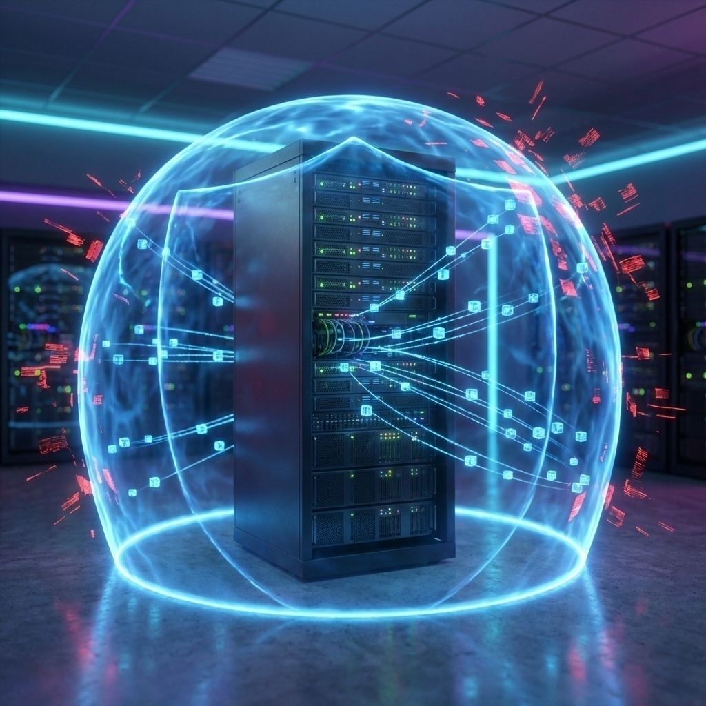 Bouclier numérique protégeant un serveur ou une infrastructure réseau, symbolisant la cybersécurité et la prévention, sur fond bleu foncé.