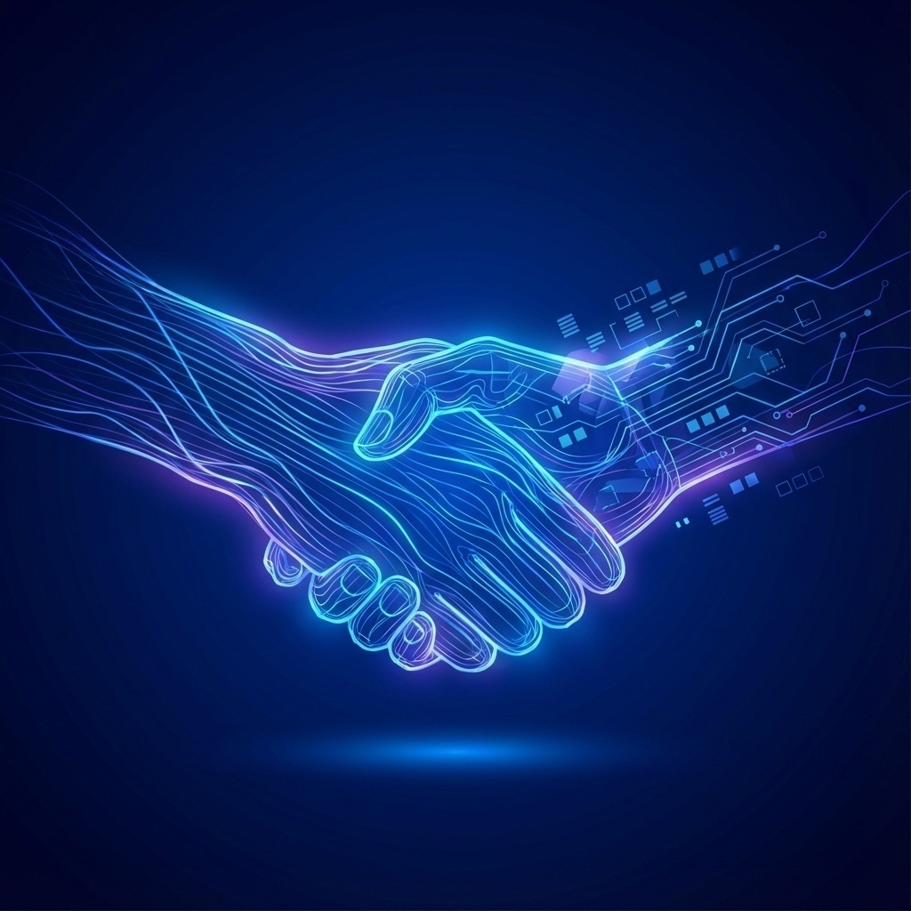 Représentation abstraite de l’assistance technique experte, avec des connexions réseau sécurisées et une main tendue numérique.