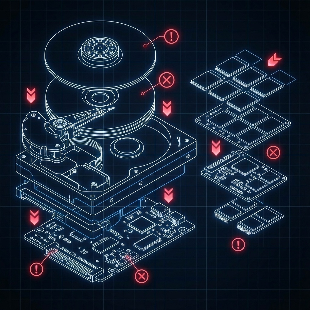Composition graphique montrant différents composants (disques durs, SSD, cartes circuits) avec des alertes stylisées, catégorisant les pannes matérielles et logiques.