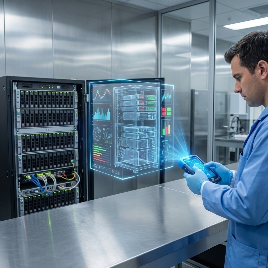 Illustration d’un audit ou d’une intervention experte sur un système de stockage complexe, avec des outils de diagnostic avancés, style clean tech.
