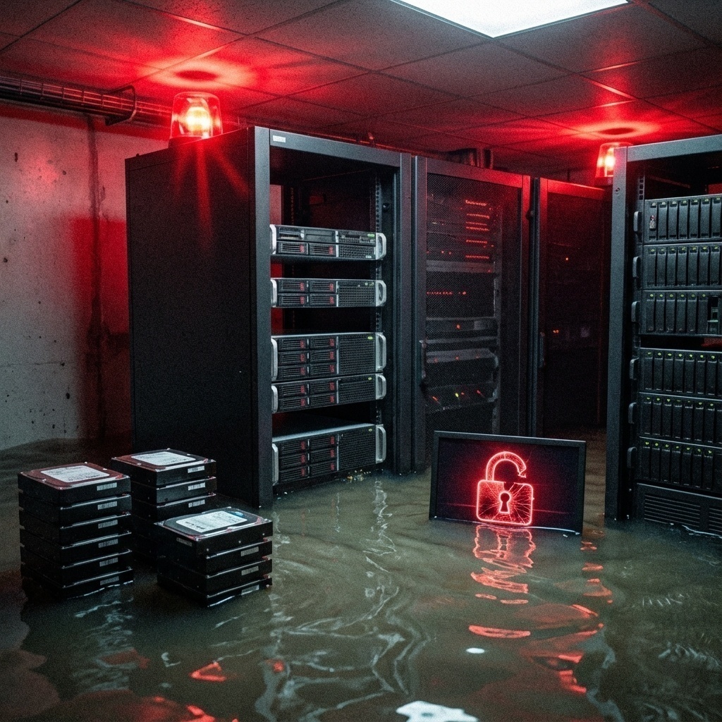 Montée des eaux menaçant des équipements informatiques, ambiance d’urgence, concept de danger pour les données.