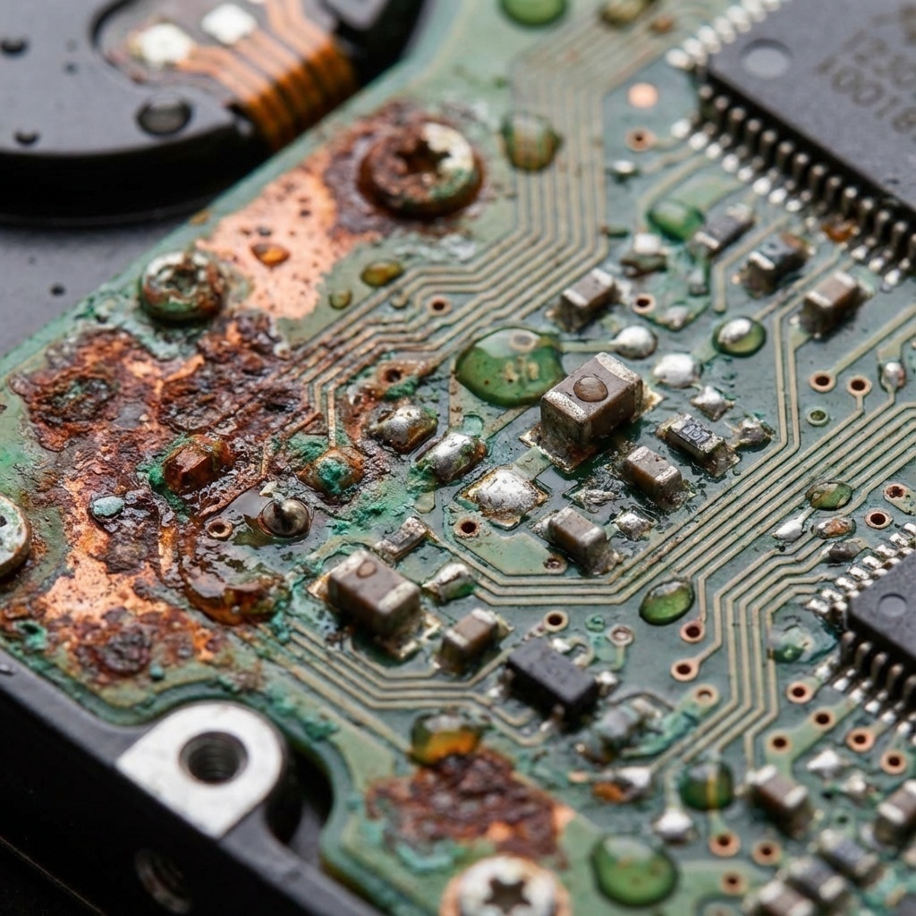 Vue macroscopique stylisée de la corrosion attaquant un circuit imprimé de disque dur, effets de l’eau sur l’électronique.