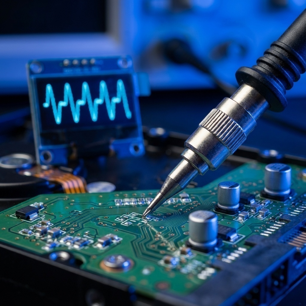Gros plan sur un outil de diagnostic électronique connecté à un disque dur, écran affichant des courbes de tension.