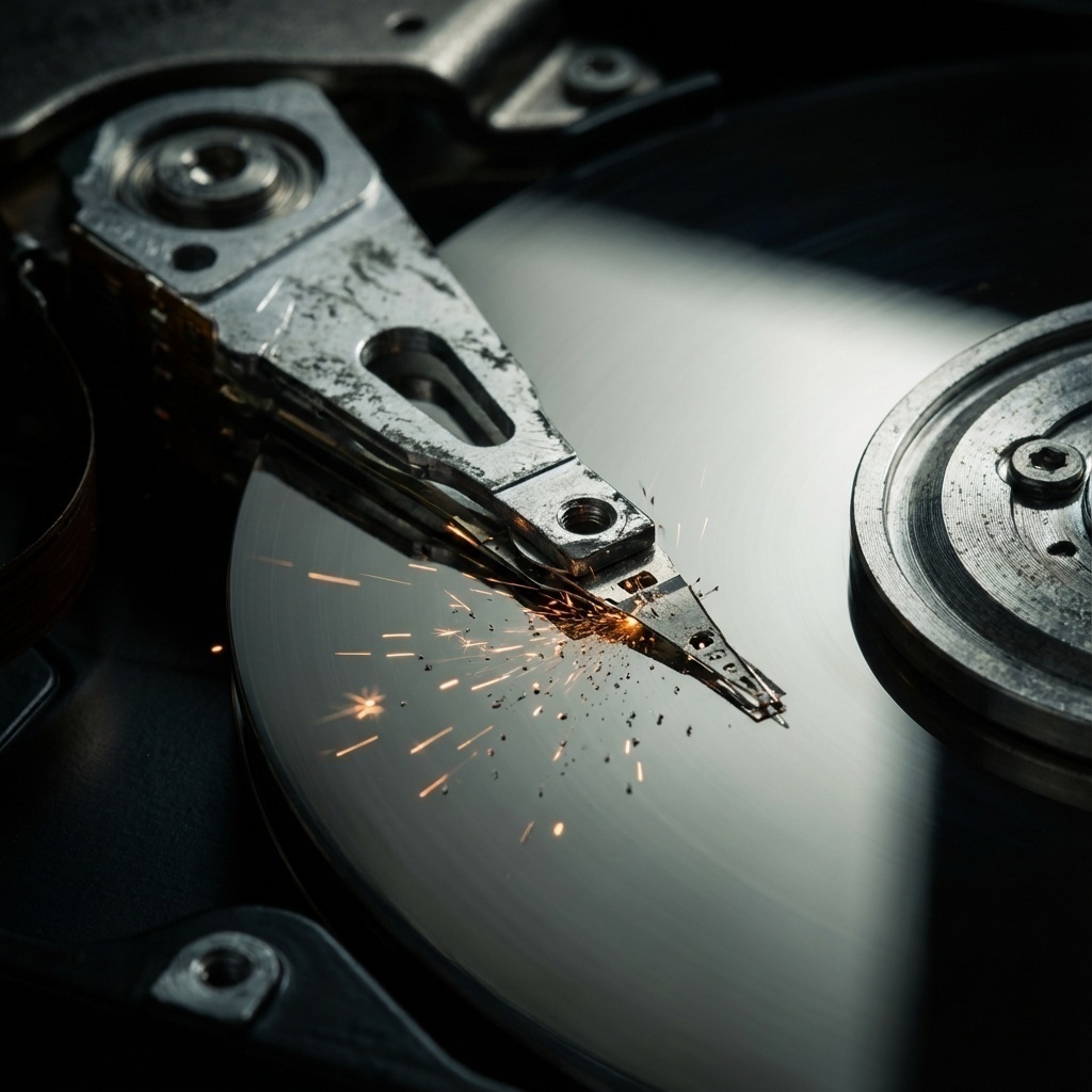 Image détaillée montrant l’usure mécanique interne d’un disque dur, avec un focus sur la tête de lecture endommagée.