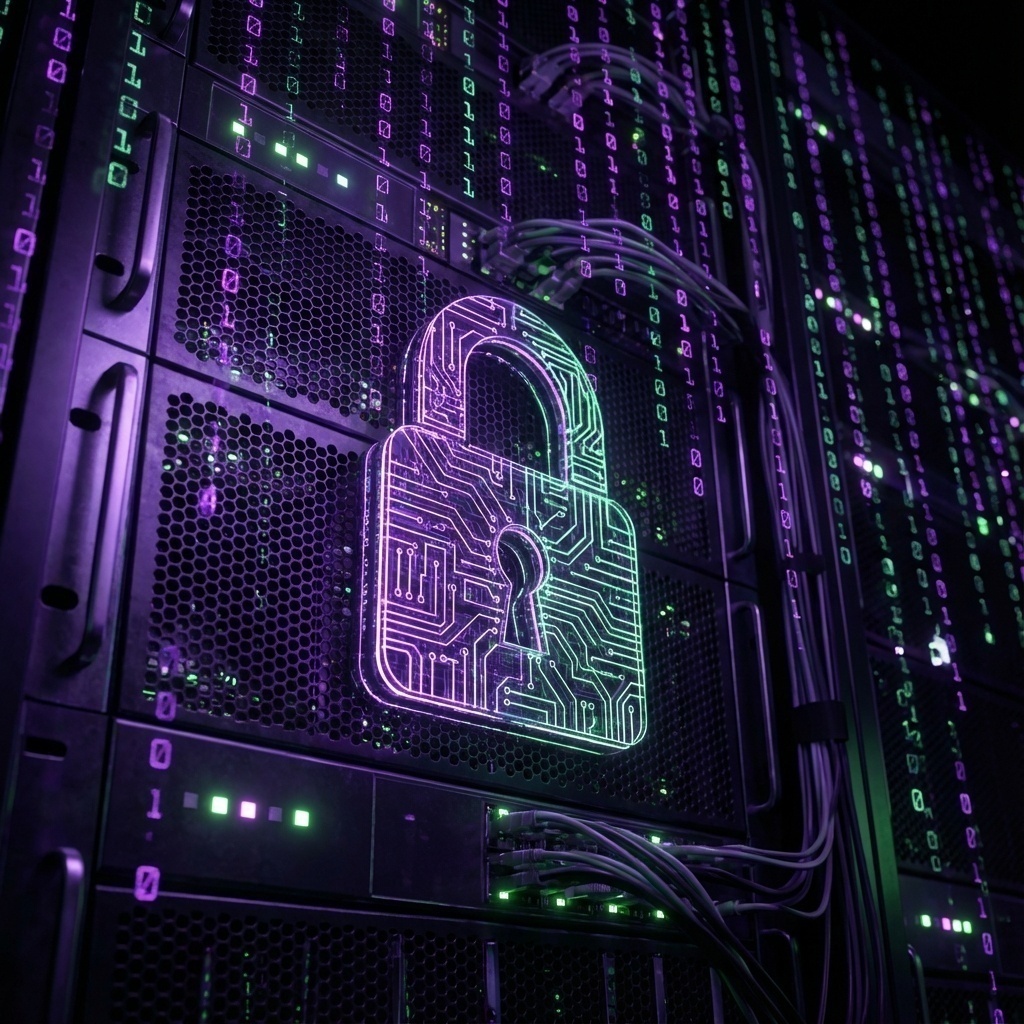 Visuel de cybersécurité montrant un cadenas numérique verrouillé sur un dossier, avec des lignes de code malveillant en arrière-plan.