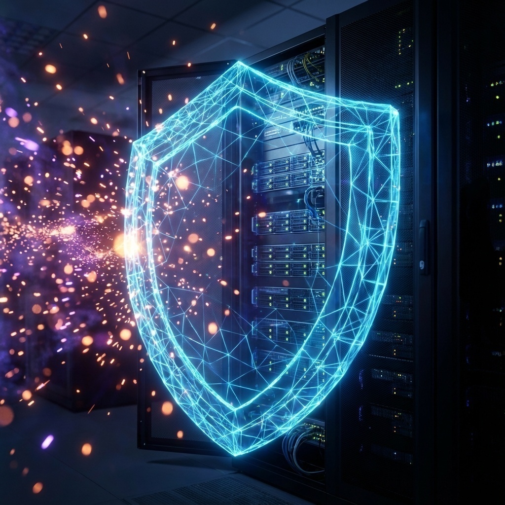 Symbolisme de protection active et de sécurité autour des infrastructures de stockage.