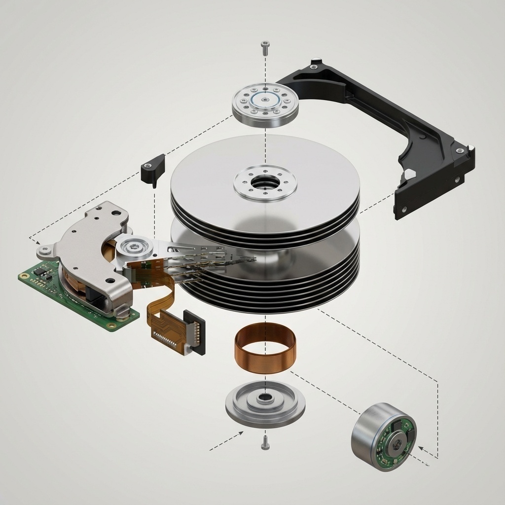 Vue éclatée d’un disque dur montrant les composants internes (têtes, plateaux) potentiellement endommagés.