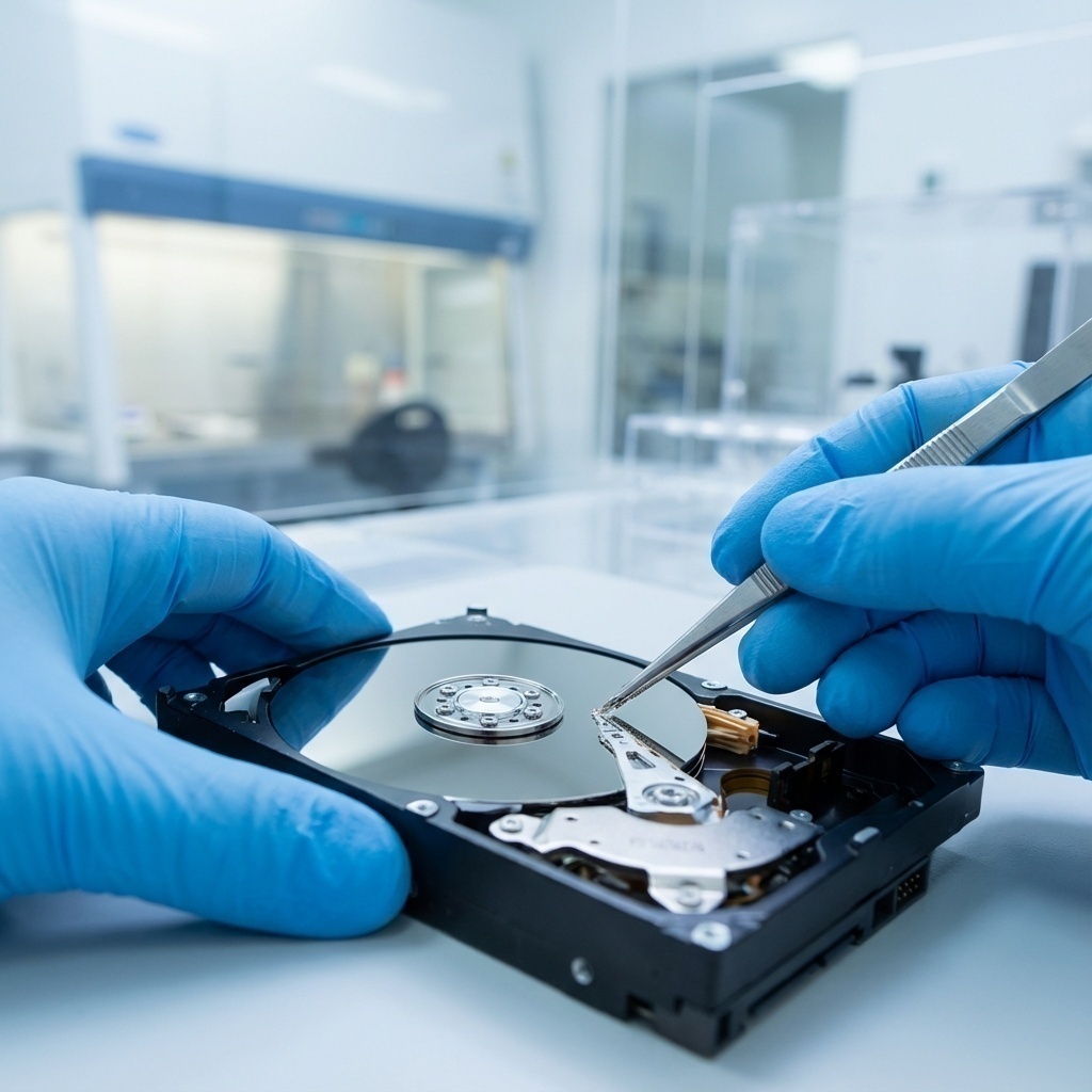 Environnement de laboratoire propre, outils de précision intervenant sur un disque dur ouvert.