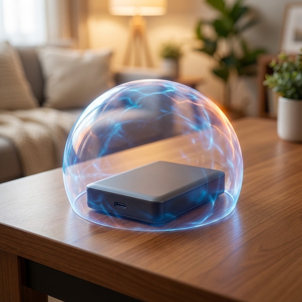 Concept de protection, housse antichoc ou bouclier numérique autour d’un disque dur externe.
