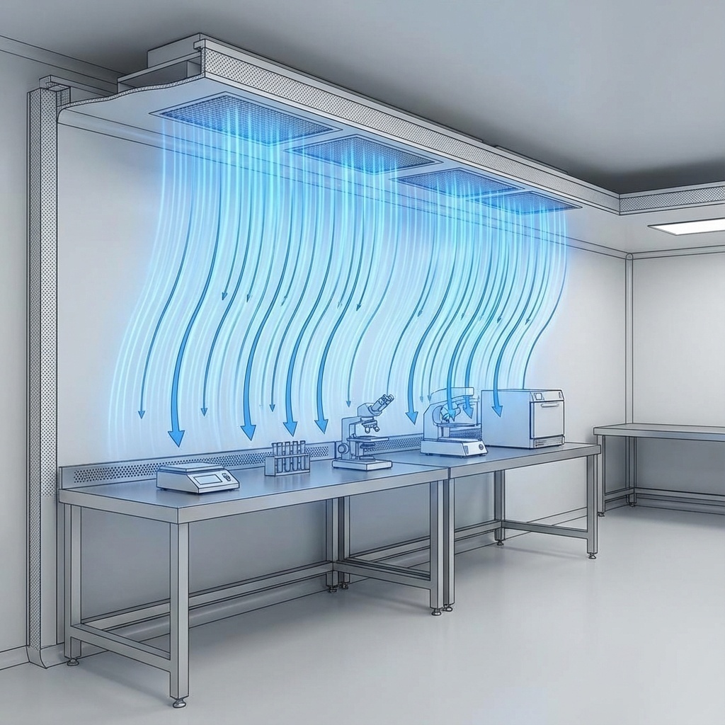 Schéma ou vue artistique du flux d’air laminaire et des filtres HEPA dans une salle blanche.