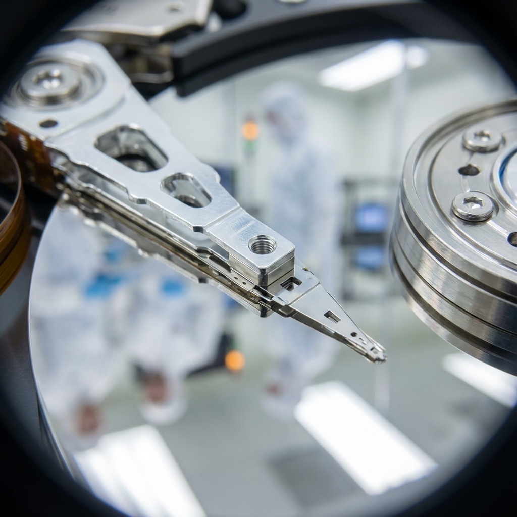 Technicien effectuant une opération de précision sur un disque dur ouvert sous microscope.