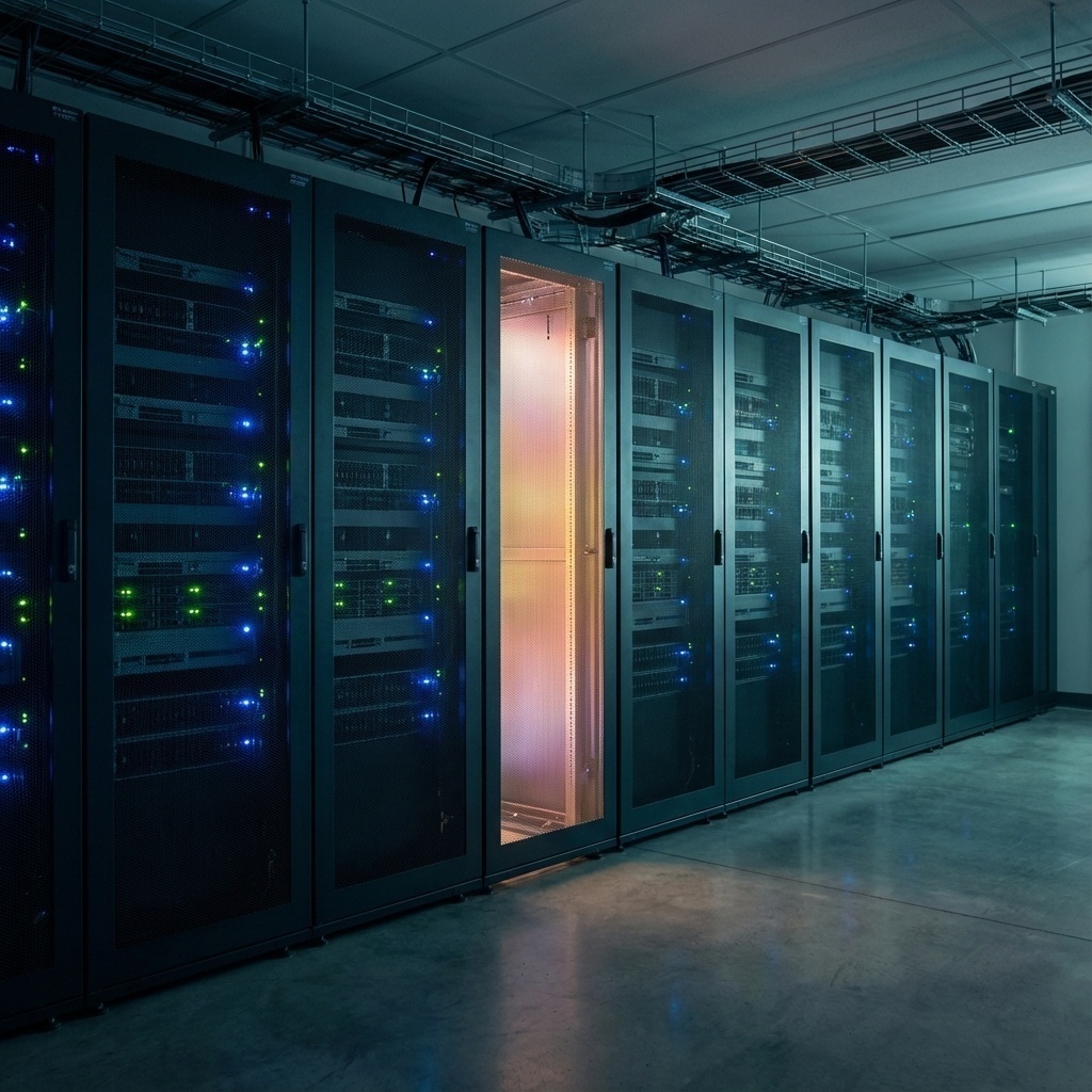 Représentation visuelle de données sécurisées ou d’un serveur RAID en cours de maintenance en salle blanche.