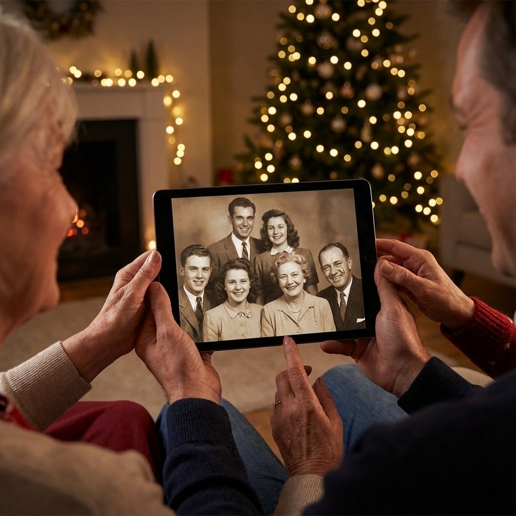 Image rassurante de données récupérées, photos de famille affichées sur un écran.