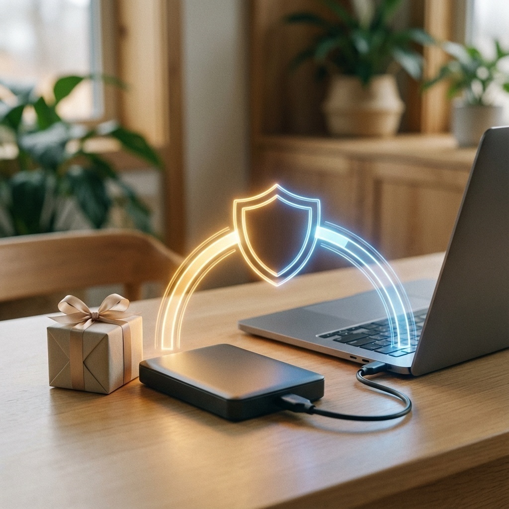 Concept de sauvegarde (disque externe, cloud) dans un cadre chaleureux de fin d’année.