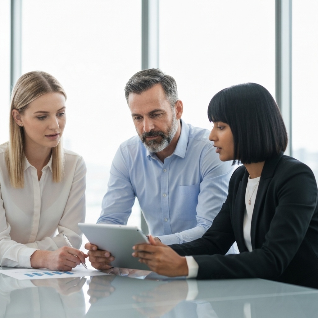 Main professionnelle tendue ou équipe d’experts analysant un plan sur tablette, rassurant.