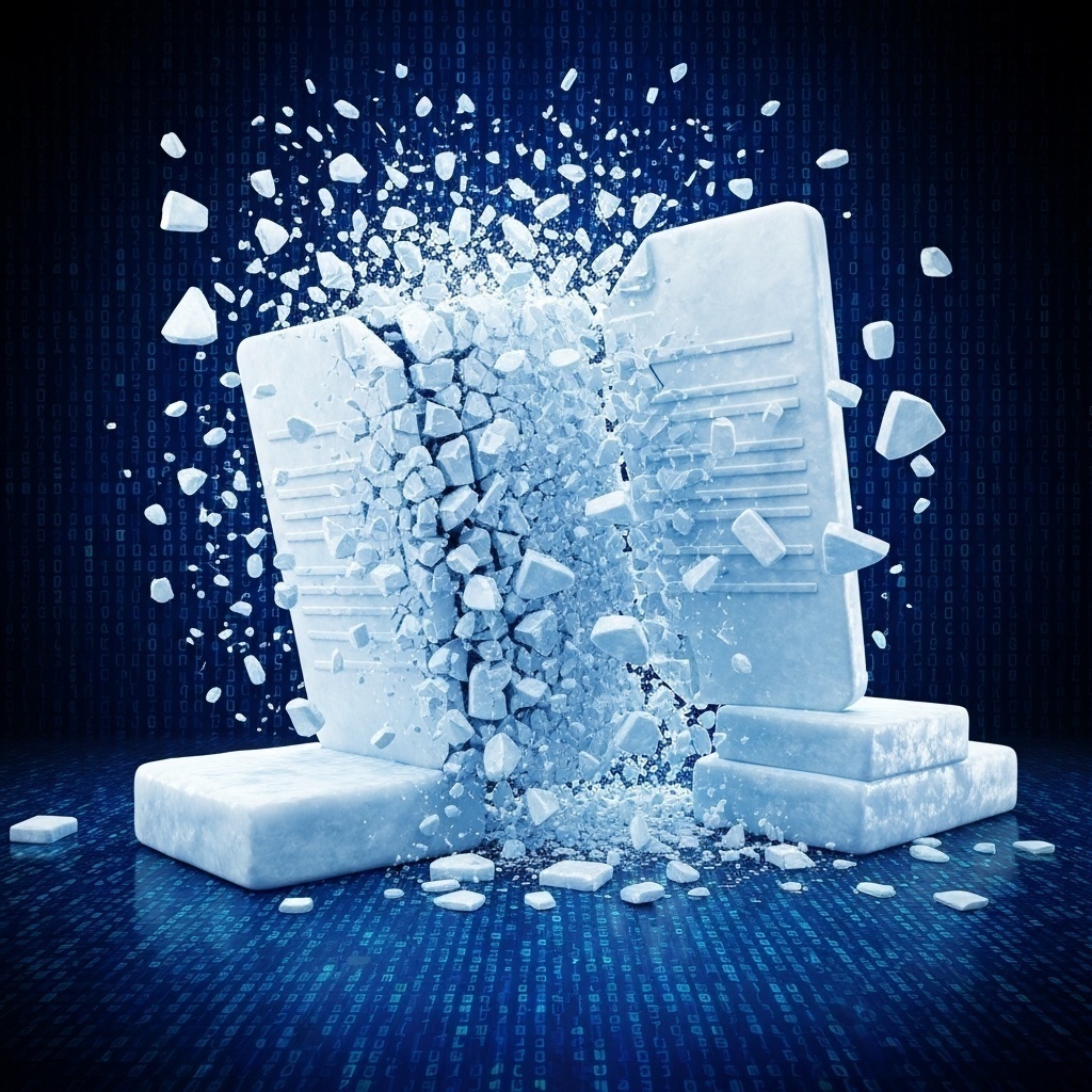 Fichiers numériques se brisant comme de la glace, ou écran avec des glitchs de pixels bleus.