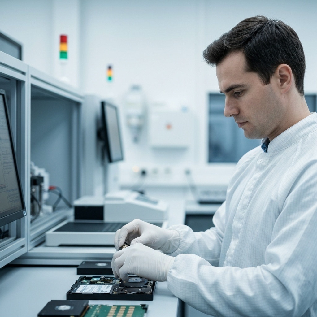 Technicien en combinaison dans un environnement stérile et froid, manipulant un support.