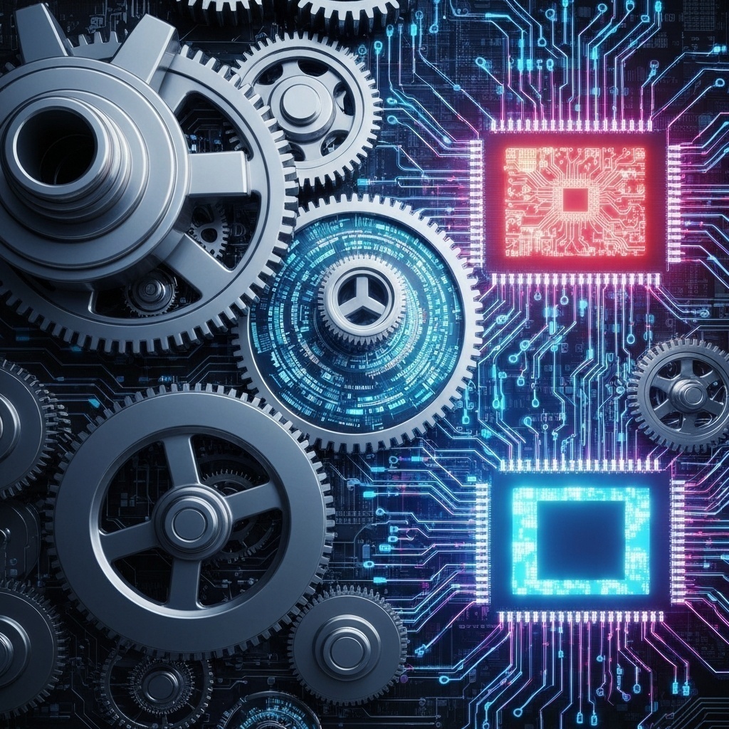 Schéma conceptuel mélangeant des engrenages (HDD) et des puces électroniques (SSD), représentant la dualité.