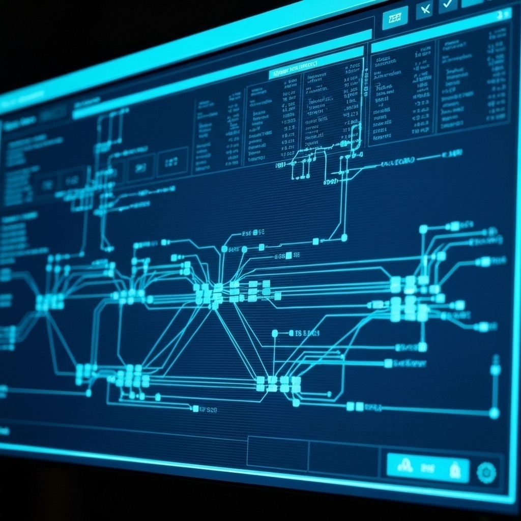 Outils de diagnostic futuristes ou interface logicielle complexe analysant des structures de données.