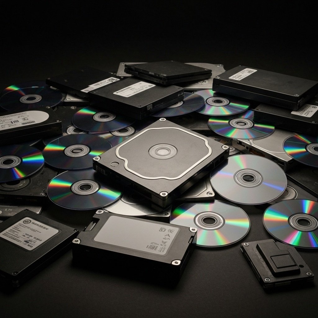 Composition artistique avec des piles de disques optiques et des disques durs, illustrant la diversité des supports.