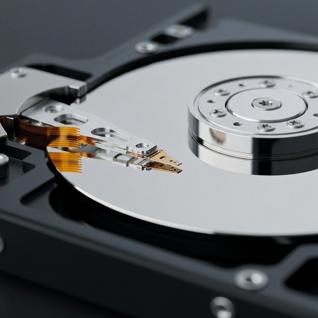 Gros plan sur une tête de lecture HDD au-dessus d’un plateau, focus sur la précision mécanique.