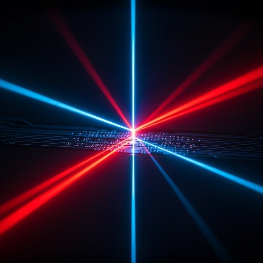 Faisceau laser frappant la surface d’un disque, vue macro stylisée, représentant la lecture optique.