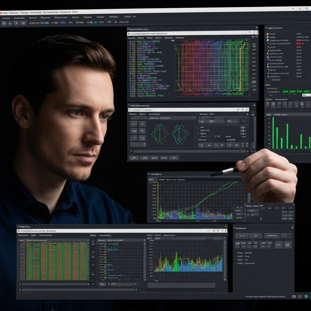 Technicien utilisant un logiciel forensique avancé pour récupérer des données, interface complexe.