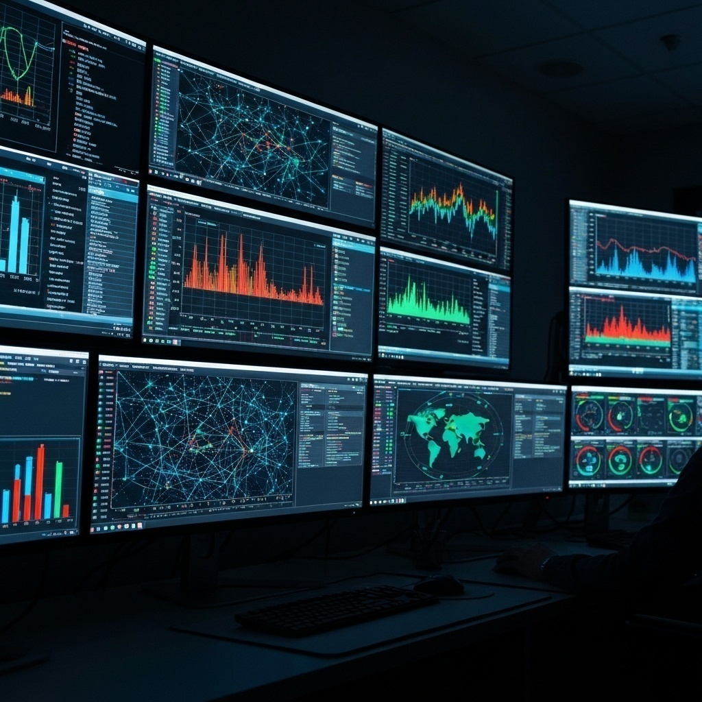 Écran de contrôle type SOC (Security Operations Center) affichant des courbes et des alertes de détection.
