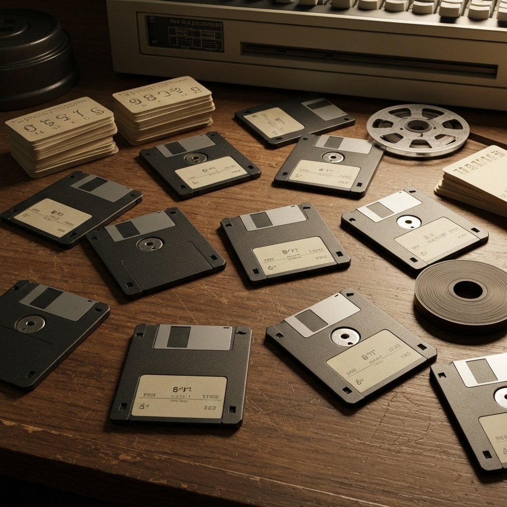Collection nostalgique et technique de cartes perforées, bandes magnétiques et disquettes 8 pouces sur un bureau.