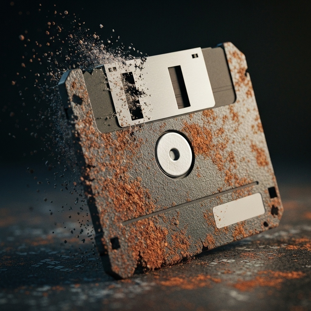 Illustration conceptuelle de l’effet du temps : oxydation et effritement numérique sur un vieux média.
