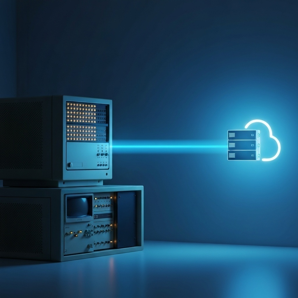 Flux de données sortant d’une vieille machine pour entrer dans un cloud moderne lumineux, symbolisant la sauvegarde.