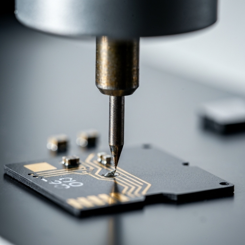 Vue microscope d’une intervention de micro-soudure sur une carte microSD, précision extrême.