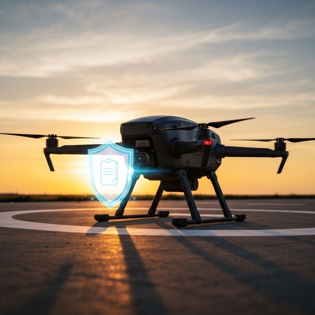 Drone atterrissant en sécurité avec un indicateur de données ’100% Secure’, ambiance rassurante.