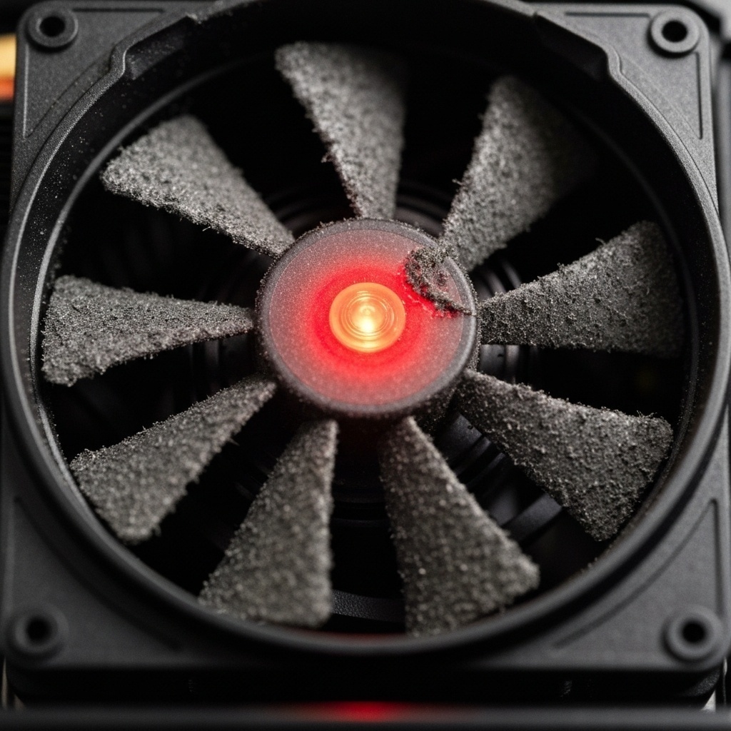Ventilateur d’ordinateur arrêté et couvert de poussière, avec une alerte thermique rouge en arrière-plan.