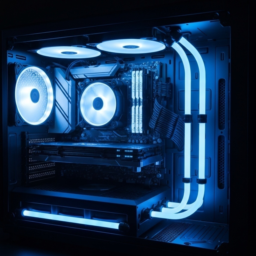 Système de refroidissement liquide moderne et propre avec flux d’air bleu optimisé, symbolisant la protection.