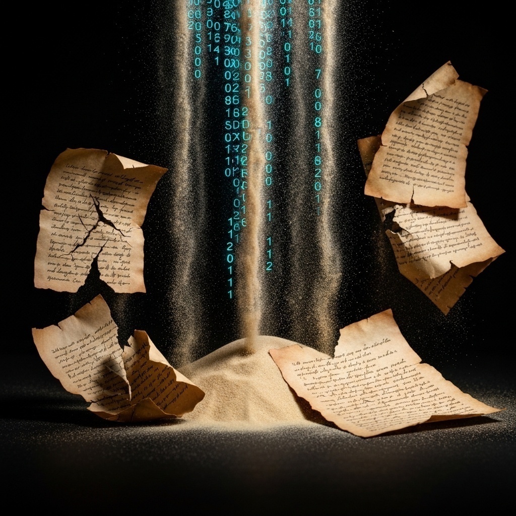 Fichiers numériques s’effritant comme du vieux papier, notion de fragilité des données anciennes.