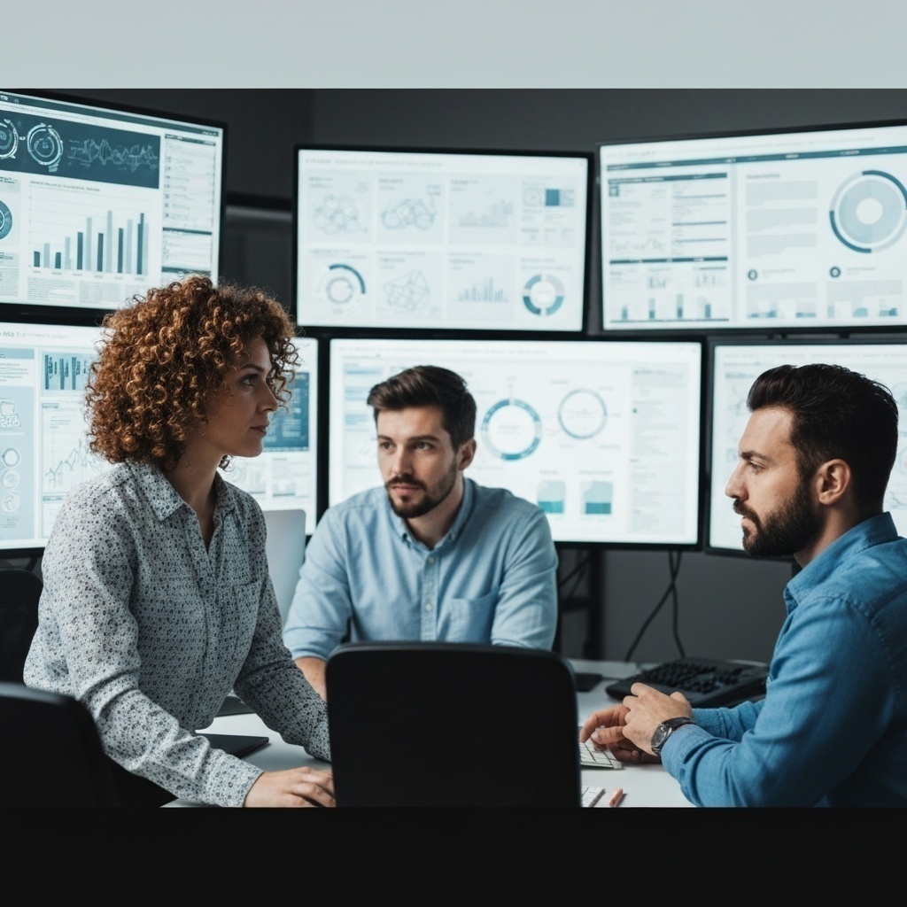Equipe d’experts en salle de contrôle analysant des écrans, prêts à répondre aux questions (FAQ).